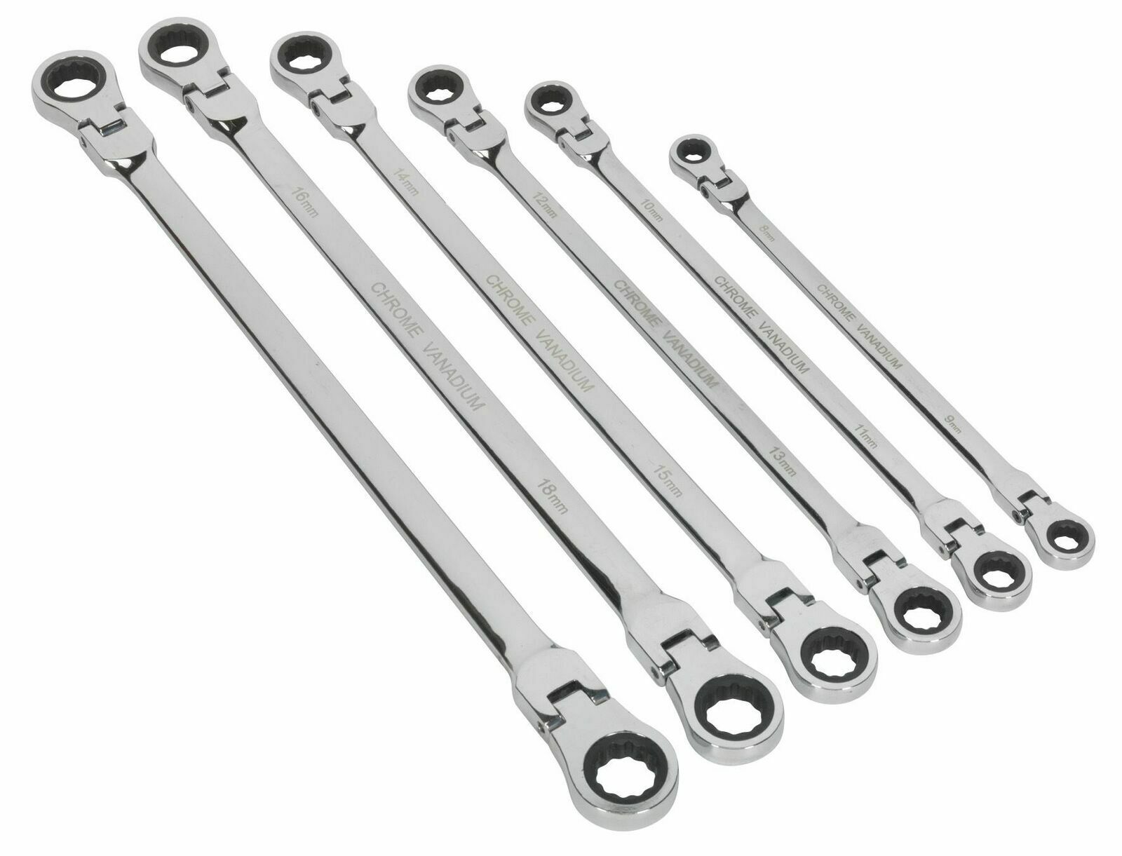 5pc Metric XL Flexible Head Double Box End Ratcheting Wrench Set – Spline Drive, Universal