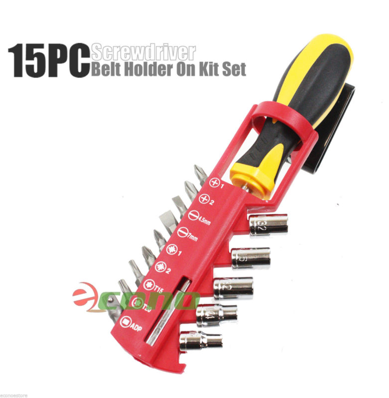 15 PC Screwdriver Construction Belt Holder On Tool Kit Set W/ Bits And