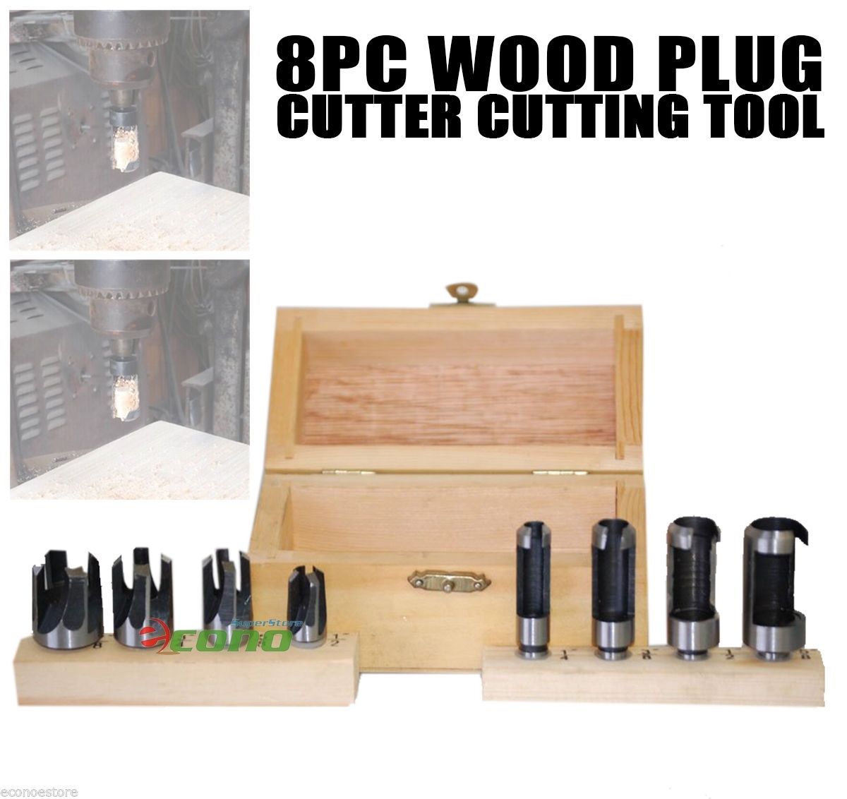 8pc Plug & Chamfer Wood Cutter Tool Set Straight & Tapered Taper Drill Bit Set 
