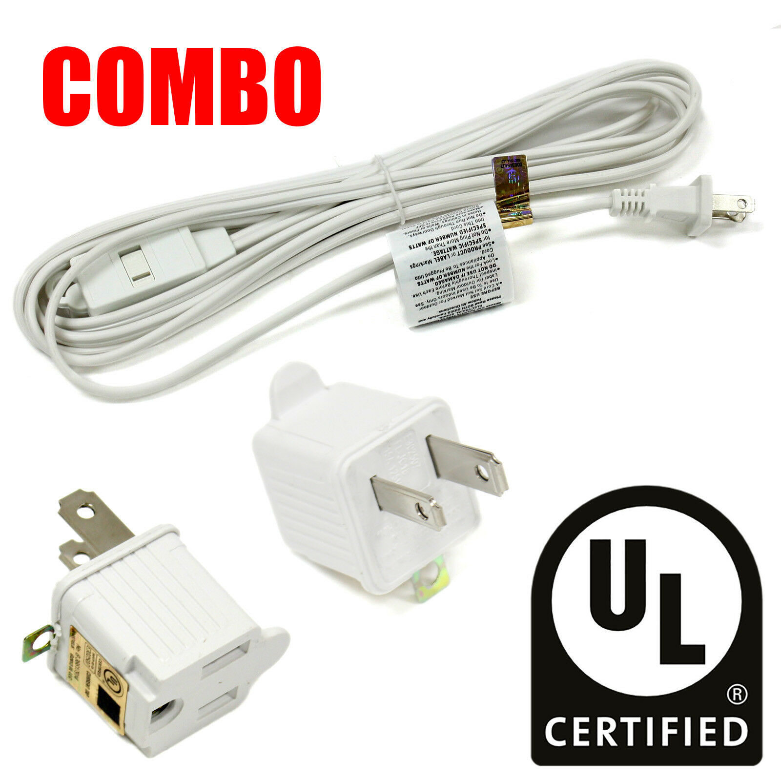 COMBO UL Certified 12ft 3 Outlet Extension Cord Cable & 2pc 2 to 3