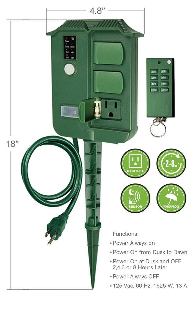 6 Outlet UL LISTED Outdoor Yard Stake Remote Control Light Sensor Digital  Timer – EconoSuperStore