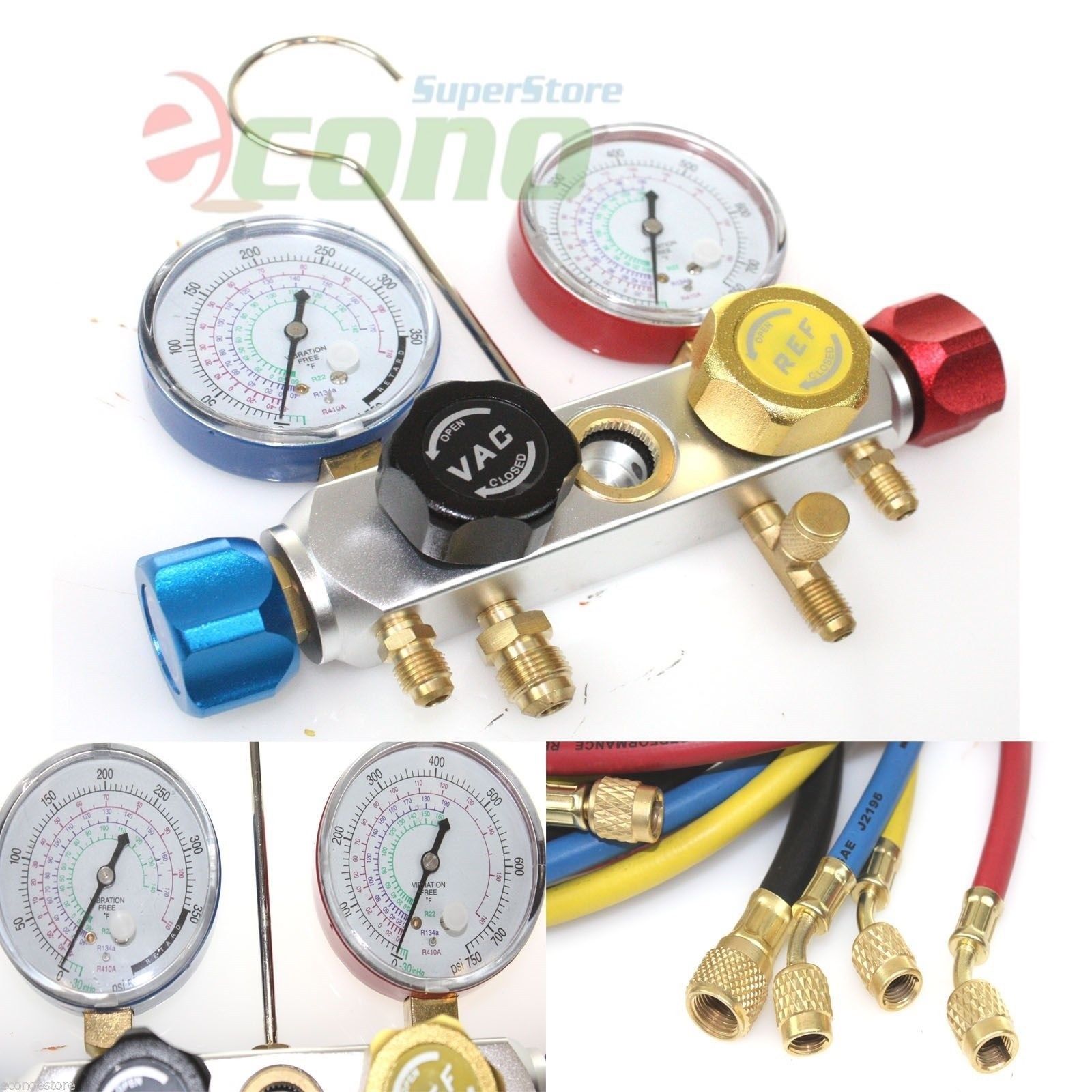 4 Way AC Manifold Gauge Set R134A R12,R22,R134a w/Hoses Coupler Adapters 1/2" 
