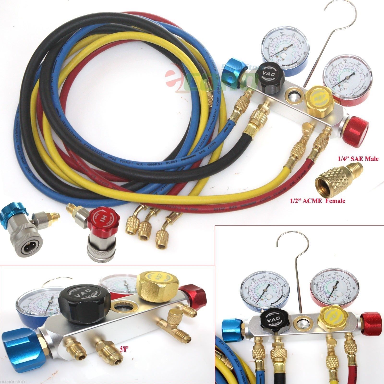 4 Way AC Manifold Gauge Set R410a R22 R134a w/Hoses Coupler Adapters 1/2" ACME 