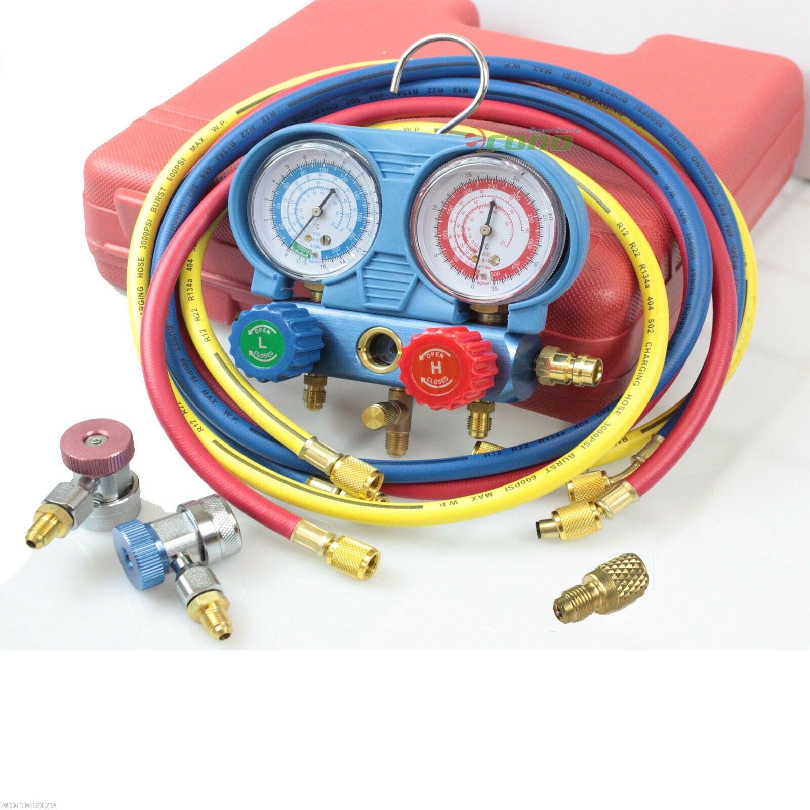 A/C Manifold Gauge And Hose Set With 3PC Connector Color Coded Gauges Valves And Hoses 