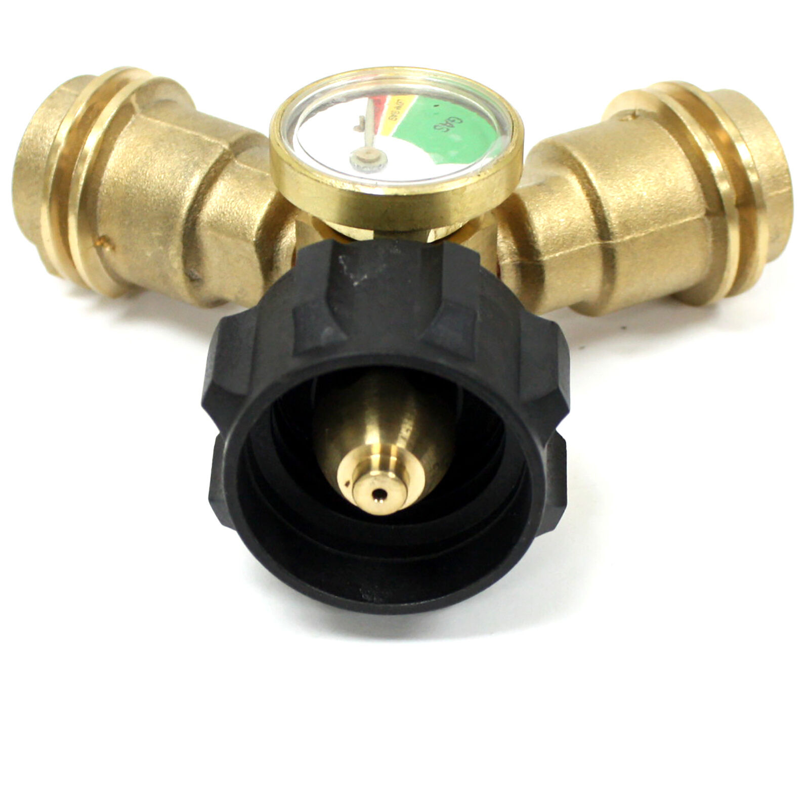 thumbnail image 2 of Propane Y Splitter Adapter With Gauge – LP Gas Tank Hose Dual Tee Connector Valve, Brass 2 of 4