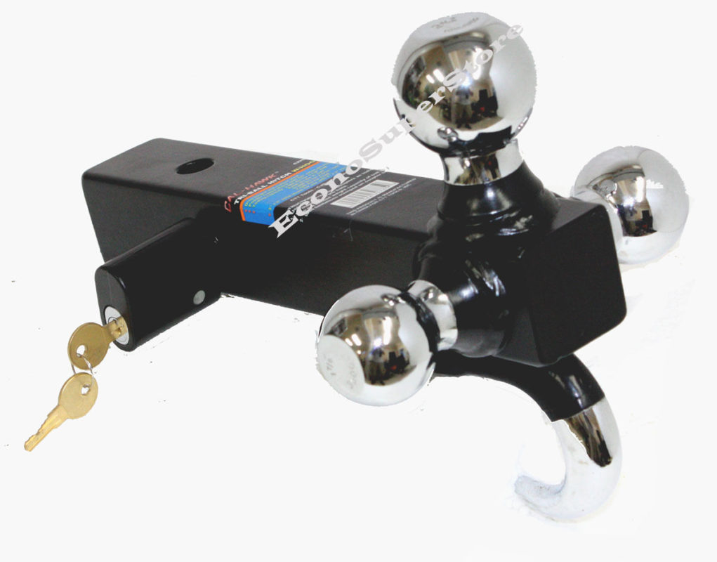 Solid Shank Triple Tri Ball + Hook Trailer Tow Hitch Bar Mount W/Pin