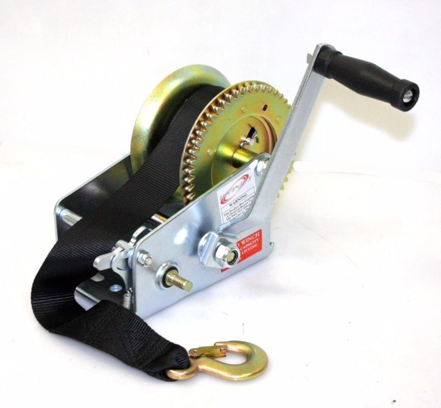 2500lbs Dual Gear Hand Winch Hand Crank Nylon Strap Gear Winch ATV Boat