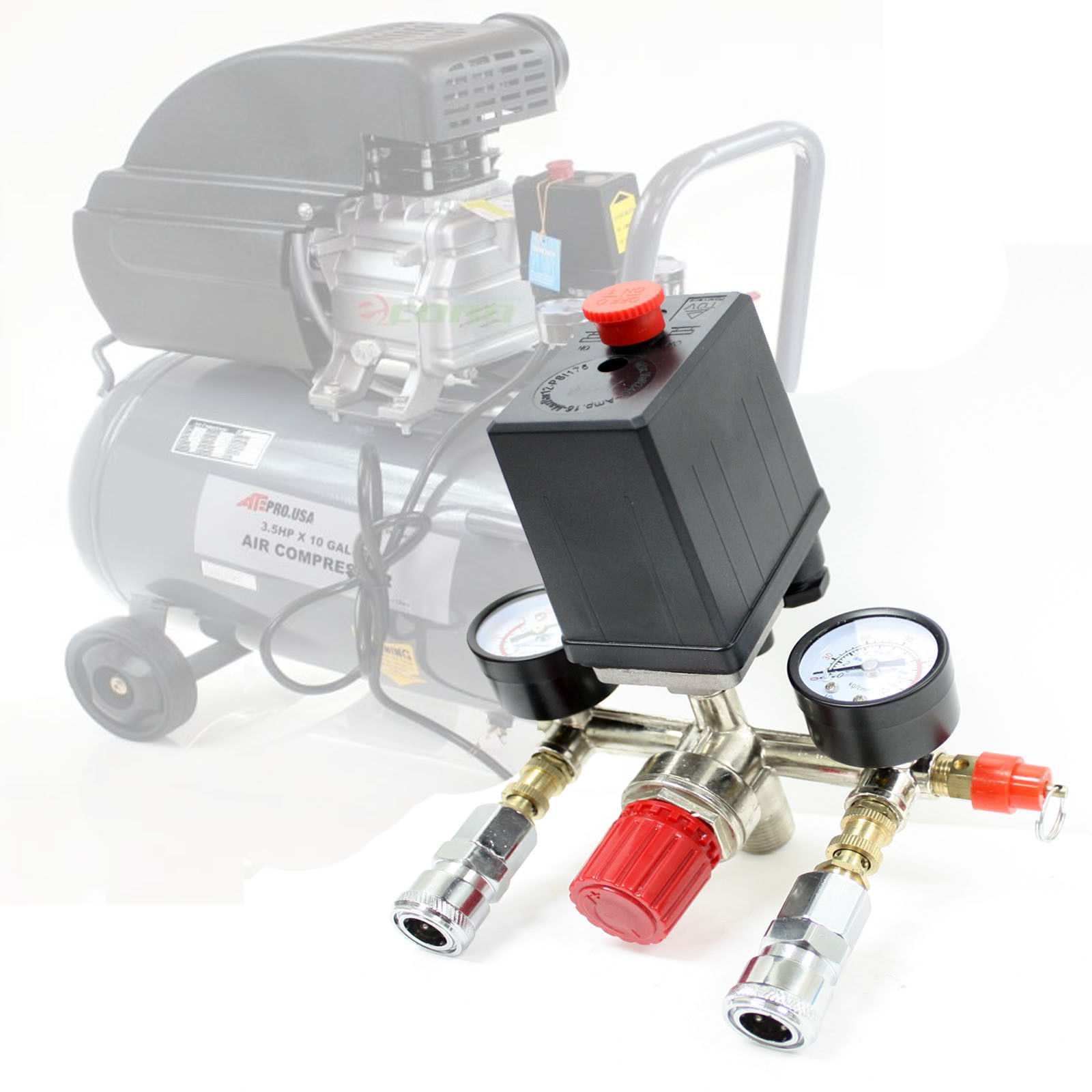 Air Compressor Pressure Control Switch Valve Manifold Regulator w/ Gauges Relief