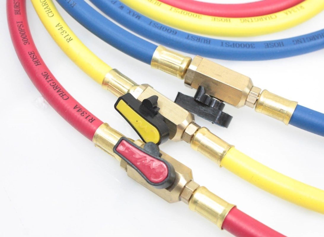 3 Color AC Charging Hoses 60" HVAC 1/4" w/Shut Valve AC Refrigerant