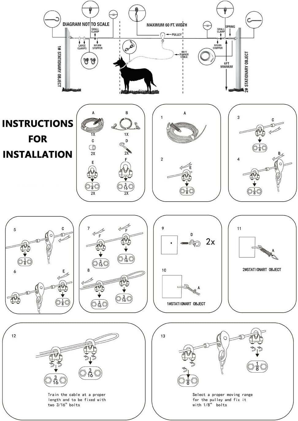 50-Foot 50' Dog Runner Tie-Out Cable Trolley up to 120lbs Dog Run Free Cable