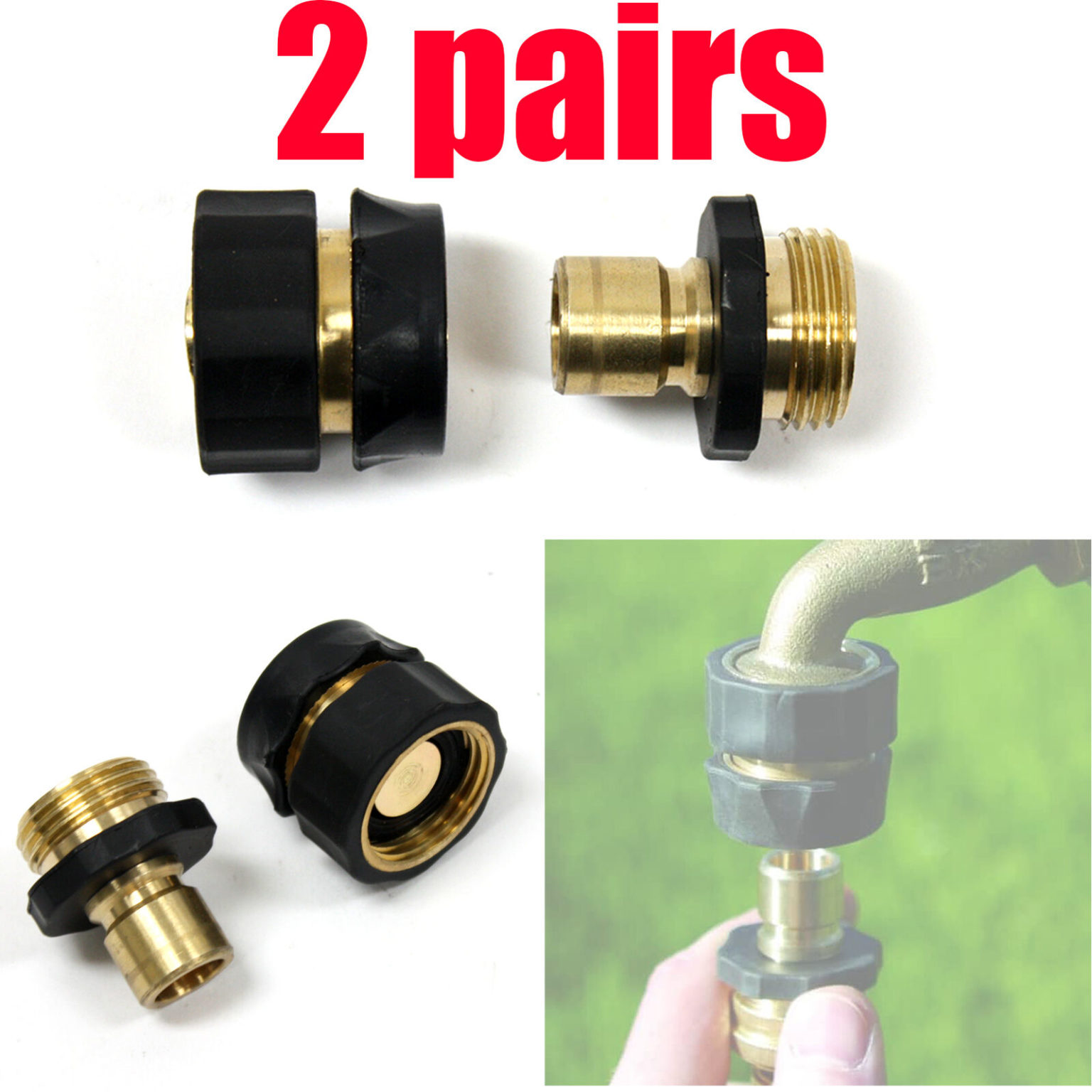 2 Pair Brass 3/4" Garden Hose Quick Connect Set Hose Tap Adapter