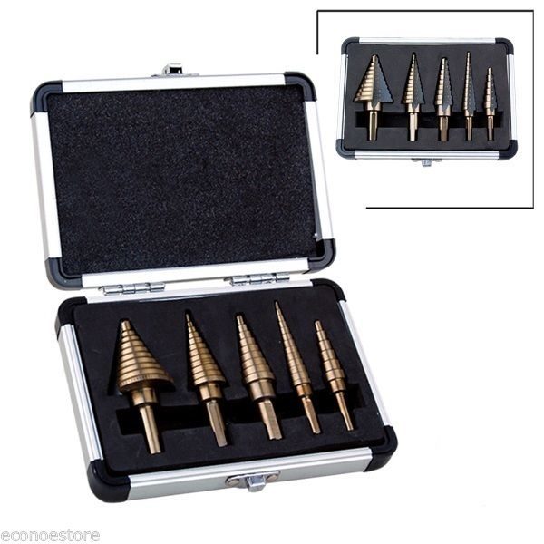 Hss Cobalt Multiple Hole 50 Sizes HYCLAT 5pcs Titanium Step Drill Bit High-Speed Metal Steel Step Drill Bit Set with Aluminum Case or Canvas Packing 