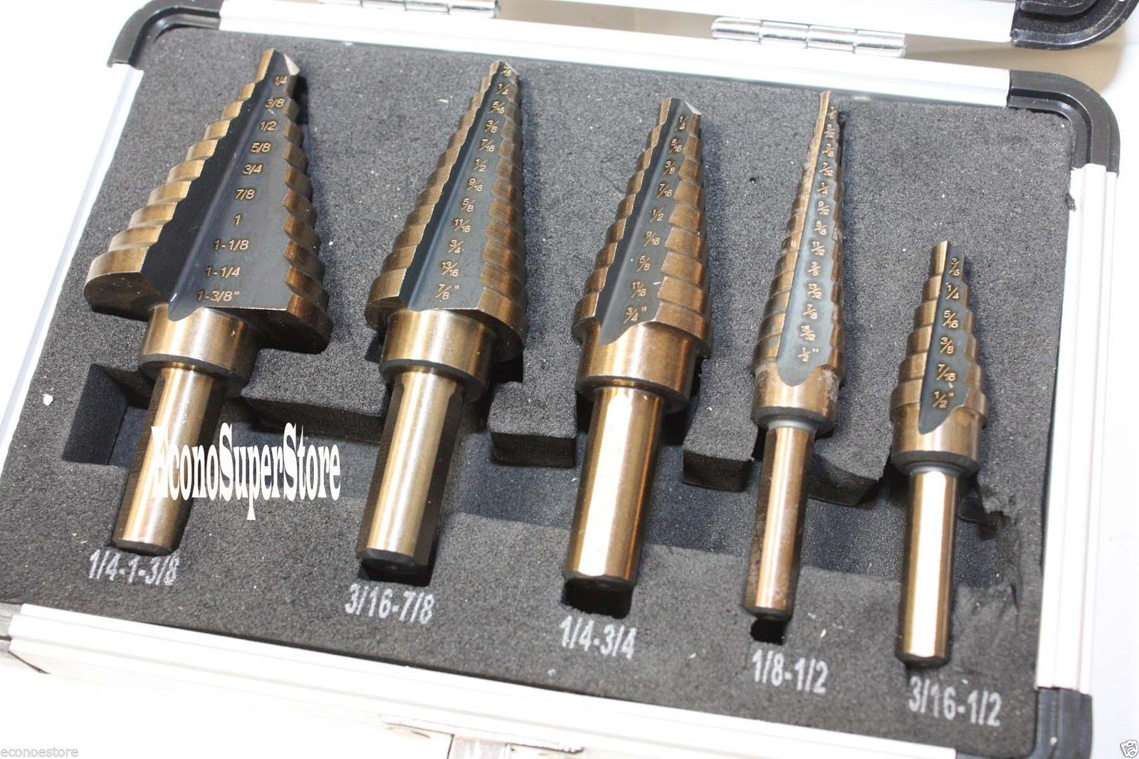 Drilling holes in plastic stainless steel and many other types of sheet metal so that they power copper SKEMiDEX---5PCS METRIC HSS COBALT MULTIPLE HOLE 50 MM Sizes STEP DRILL BIT SET w/ Case 