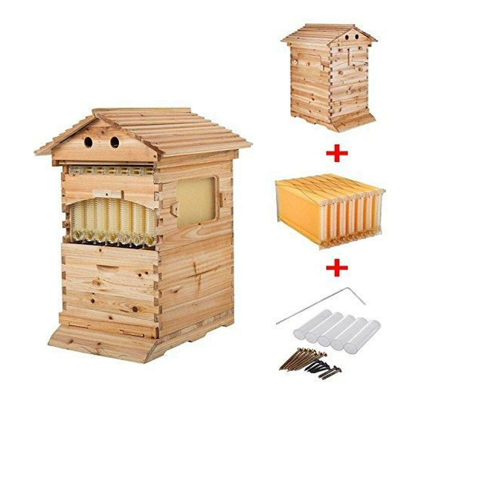7PCS Auto Free Flowing Honey Hive Beehive Frames+Beekeeping Brood Cedarwood Box 