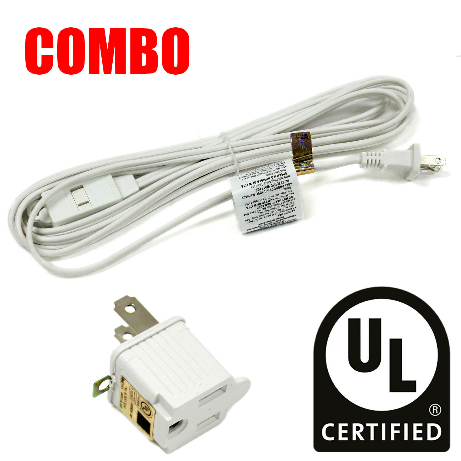 COMBO UL Certified 12ft 3 Outlet Extension Cord Cable & 2 to 3