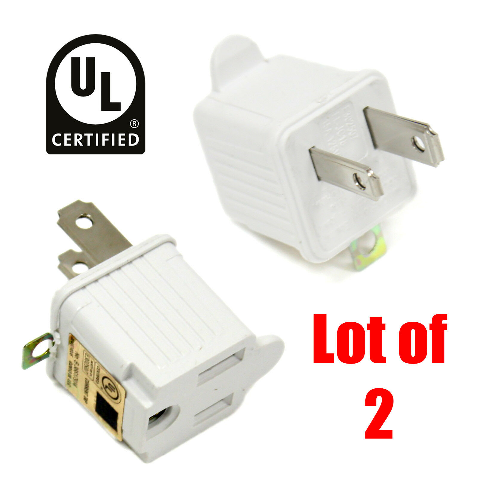 2 Lot3 to 2 Prong UL Certified Adapter AC Outlet Ground Converter Plug White 