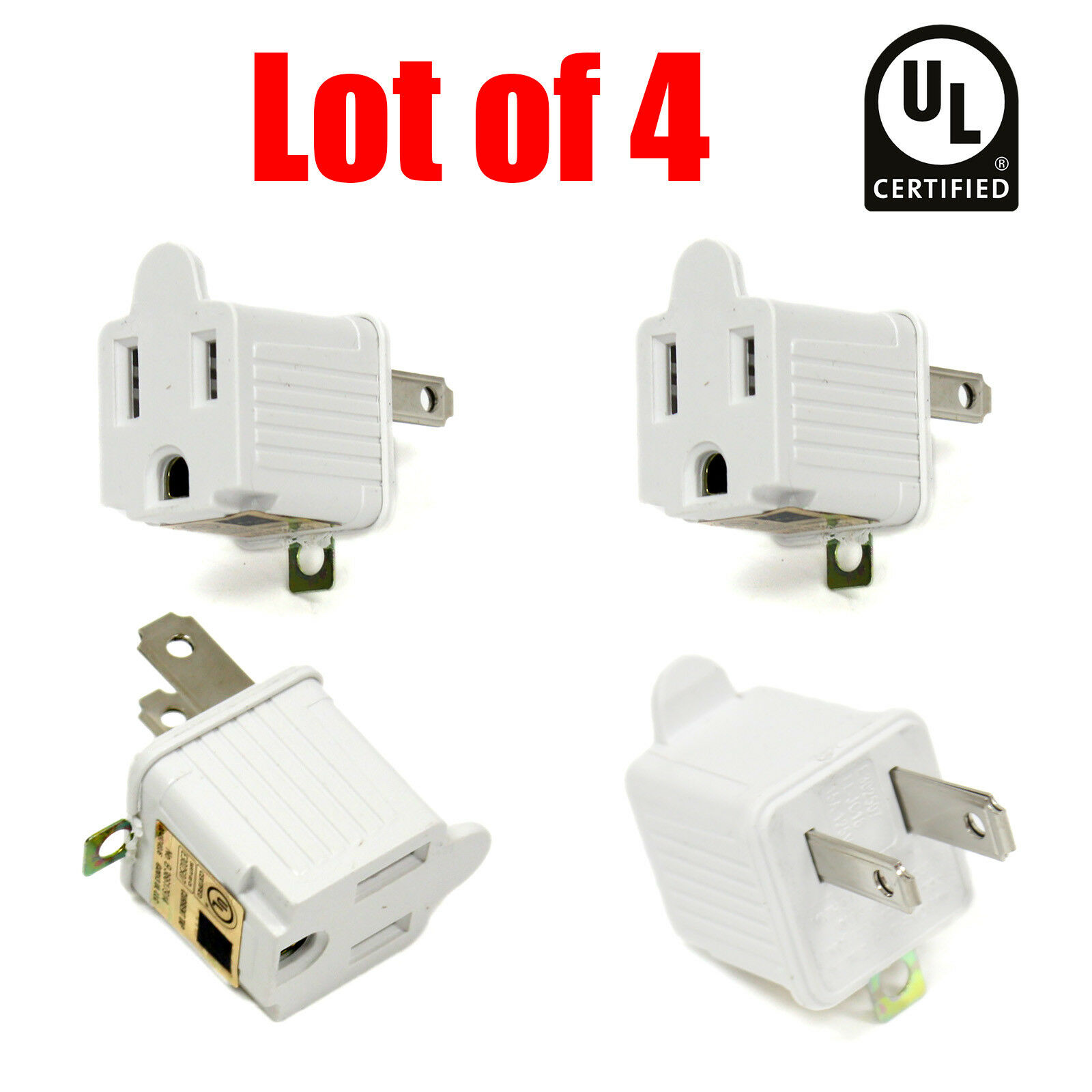 4 Lot3 to 2 Prong UL Certified Adapter AC Outlet Ground Converter Plug White 