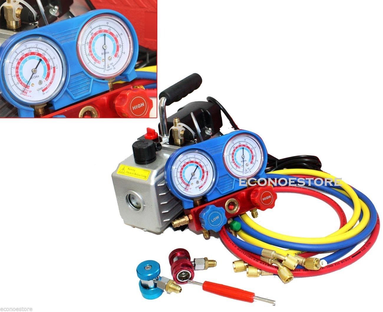 3.5 CFM 1/4 HP HVAC Vacuum Pump And R134a Manifold Gauge Set – AC Refrigeration Kit