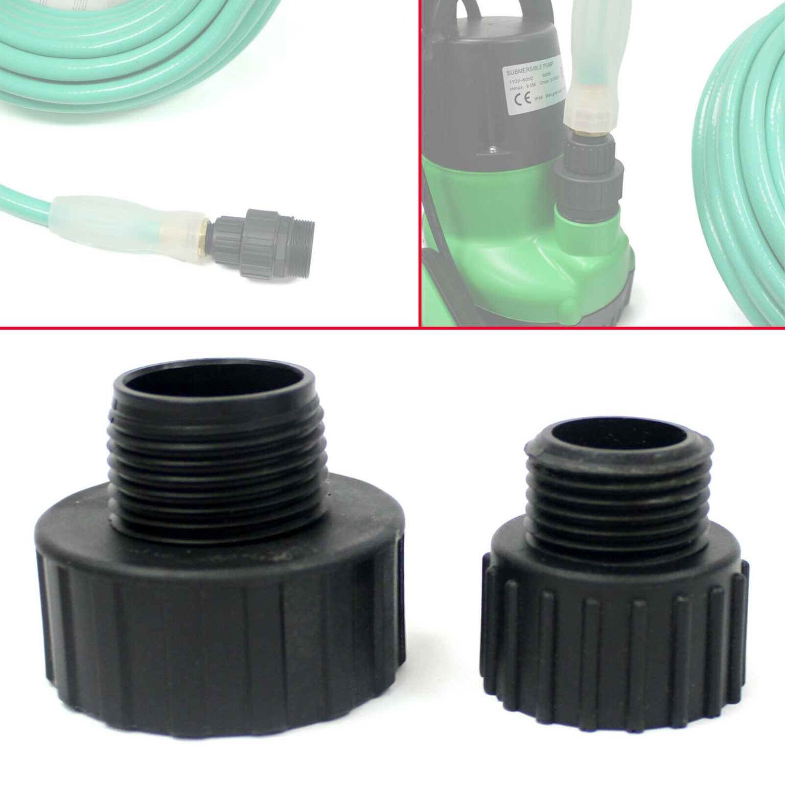 Sump Pump Garden Hose Adapter 11/4" FNPT to 3/4" GHT & 11/4" to 13/4