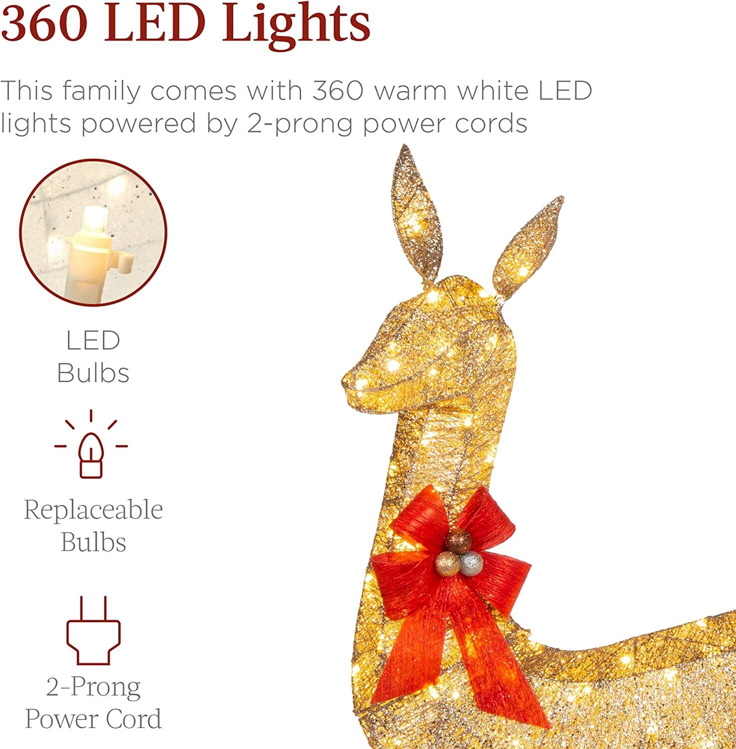 3 Piece Gold Lighted Christmas Deer Family - 4.7Ft LED Reindeer With Bells For Outdoor Yard Decor
