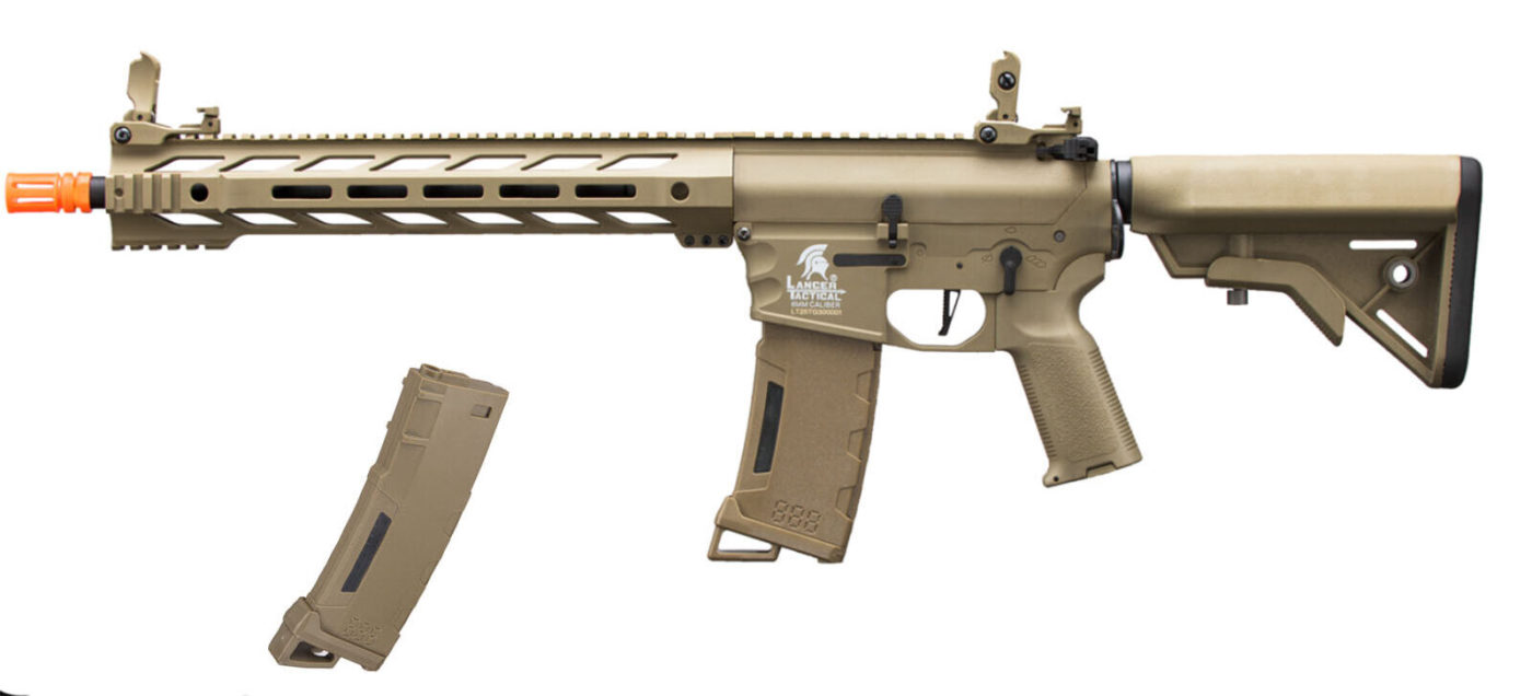 thumbnail interactive-video image 1 of Lancer Tactical Gen 3 Interceptor SPR Airsoft M4 AEG – Tan, 380-400 FPS, CQB Ready 1 of 2
