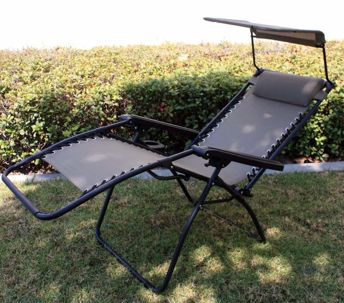 Folding Garden Outdoor Home Recliner Lounge Chair with Shade Canopy Cup Holder 